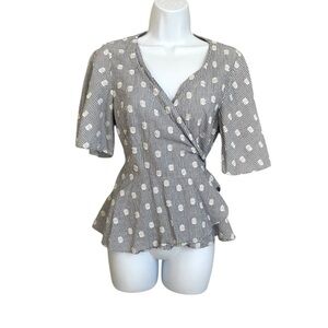 LOFT Blue White Striped Polka Dot Wrap Peplum Top Cotton Blend Short Bell Sleeve